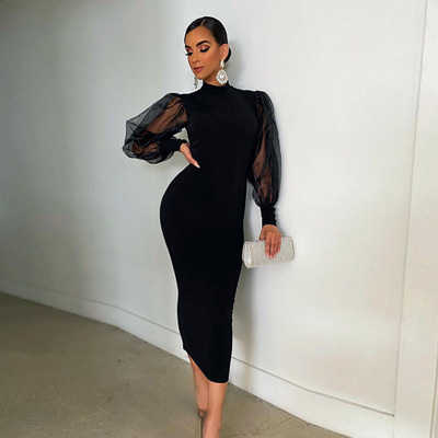 2021 High quality Women Summer Midi Dress Mesh Patchwork Full Sleeve High Waist Sexy Street Bandage Dresses Vestidos