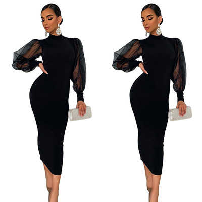 2021 High quality Women Summer Midi Dress Mesh Patchwork Full Sleeve High Waist Sexy Street Bandage Dresses Vestidos