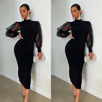 2021 High quality Women Summer Midi Dress Mesh Patchwork Full Sleeve High Waist Sexy Street Bandage Dresses Vestidos