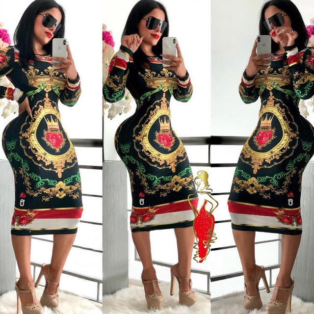 2021 High quality Autumn Long Sleeve O-neck Poker playing cards Vintage Chain Print Dresses women sexy Bandage