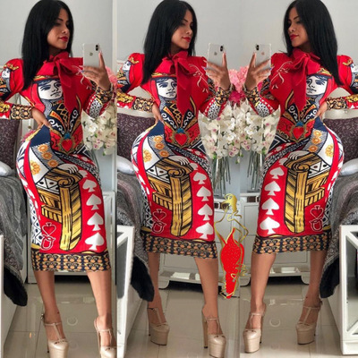 2021 High quality Autumn Long Sleeve O-neck Poker playing cards Vintage Chain Print Dresses women sexy Bandage
