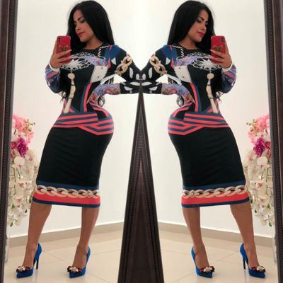 2021 High quality Autumn Long Sleeve O-neck Poker playing cards Vintage Chain Print Dresses women sexy Bandage