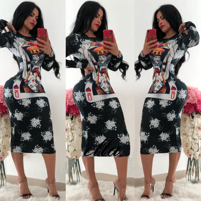 2021 High quality Autumn Long Sleeve O-neck Poker playing cards Vintage Chain Print Dresses women sexy Bandage