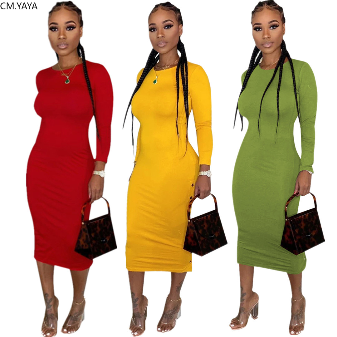 2021 High quality Women Winter Midi Dress Full Sleeve Dres Club Night Party Sexy Side Open Button Bandage Bodycon