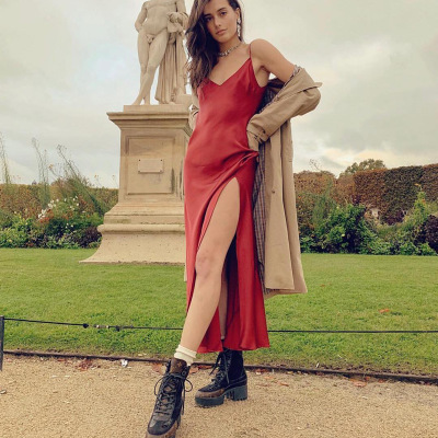 2021 High quality InstaHot Sexy Satin V Neck Maxi Dress Women Strap Sleeveless Backless Side Split Long Dresses