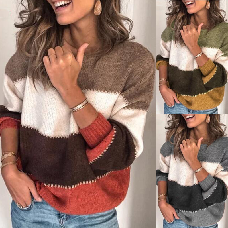 2021 High quality Loose Autumn Winter Striped Sweater  High Quality Oversized Color Block Sweater Jumper