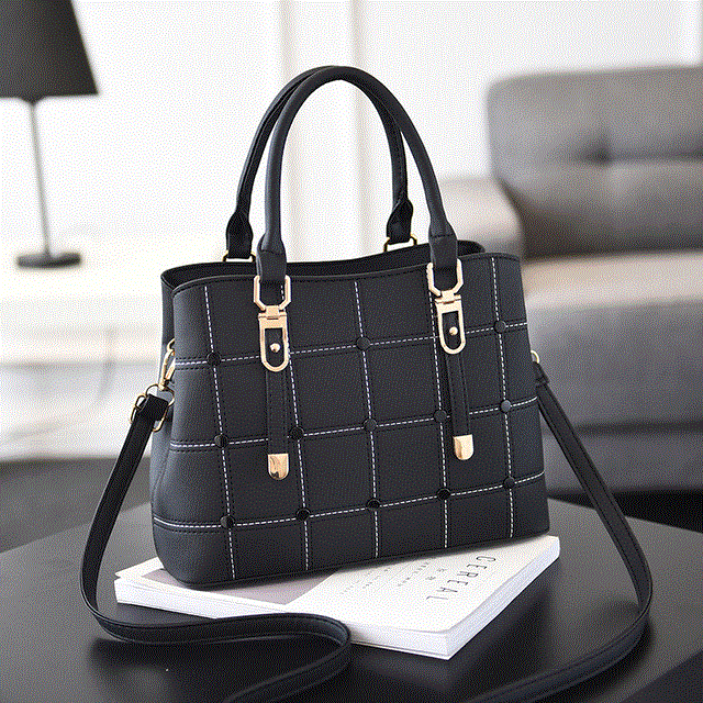 2021 High quality PU Leather Large Capacity Woman Handbag Grid Shoulder Bag  Casual Handbag