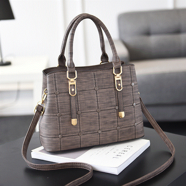 2021 High quality PU Leather Large Capacity Woman Handbag Grid Shoulder Bag  Casual Handbag