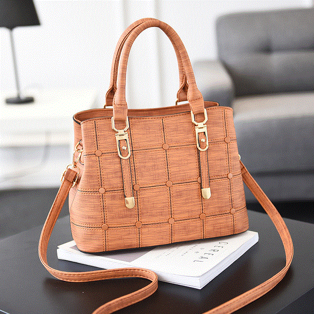2021 High quality PU Leather Large Capacity Woman Handbag Grid Shoulder Bag  Casual Handbag