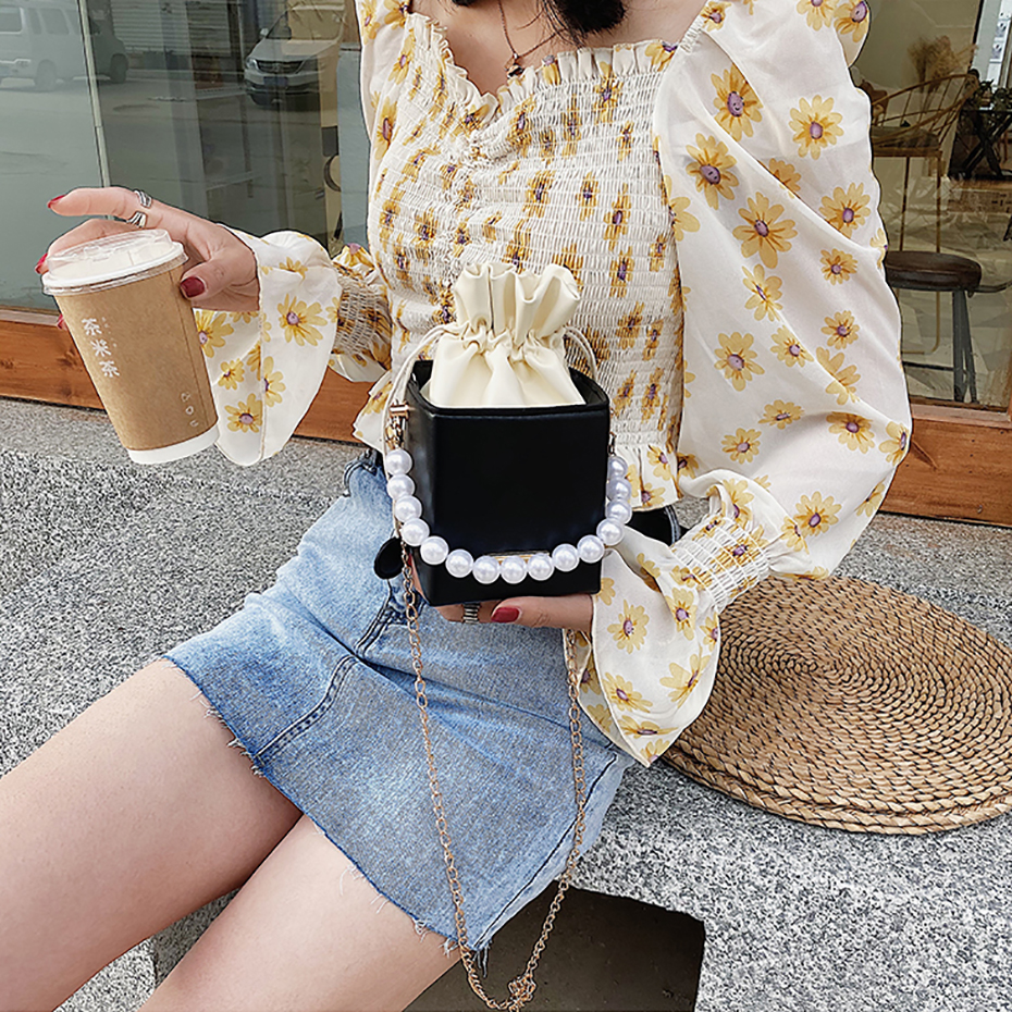 2021 High quality Fashion Box-shaped PU leather messenger bag ladies chain sweet shoulder handbag