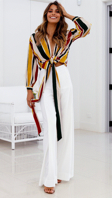 2021 High quality Women Casual Loose Yellow White Long Pants Wide Leg  High Waist Trousers Pockets