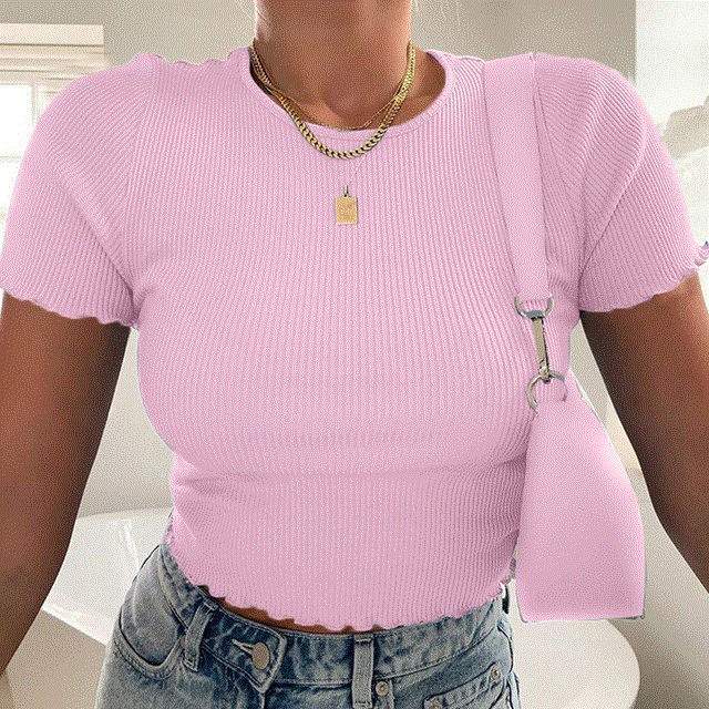 2021 High quality Women Knitted Solid Color Round Neck Crop Top Ribbed Short Sleeve Shirt Casual Summer Femme Tank Top