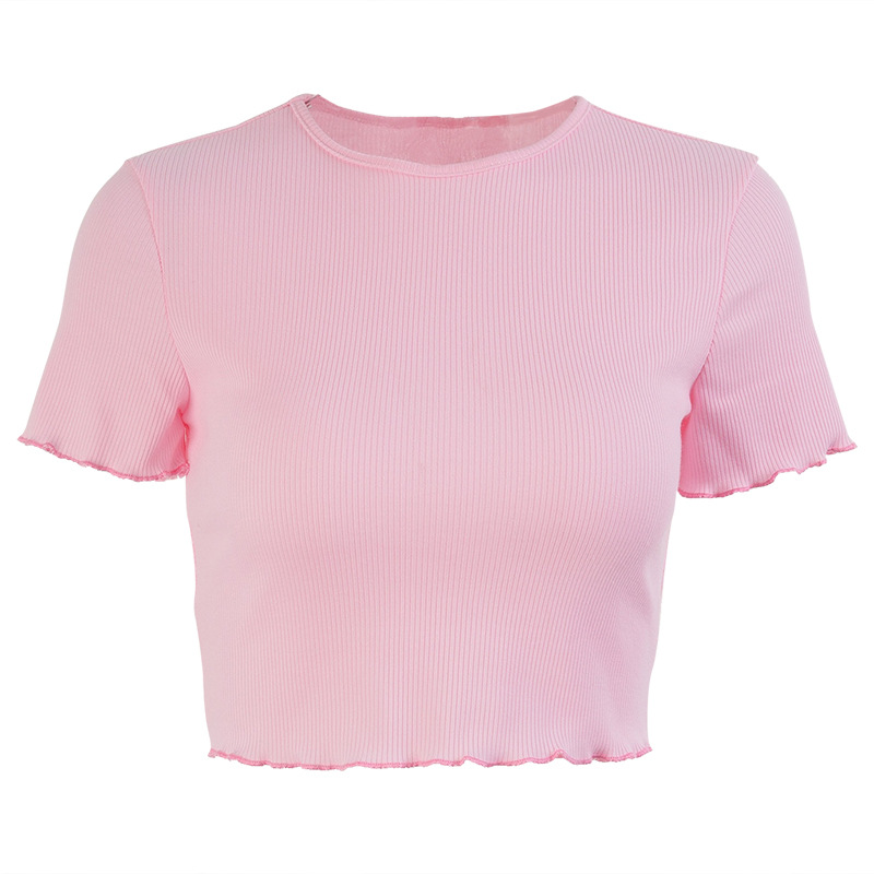 2021 High quality Women Knitted Solid Color Round Neck Crop Top Ribbed Short Sleeve Shirt Casual Summer Femme Tank Top