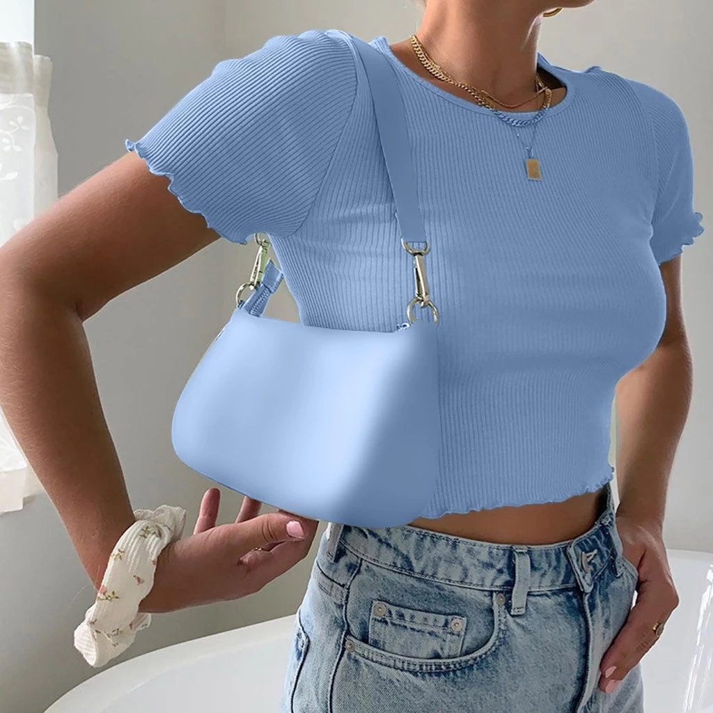 2021 High quality Women Knitted Solid Color Round Neck Crop Top Ribbed Short Sleeve Shirt Casual Summer Femme Tank Top