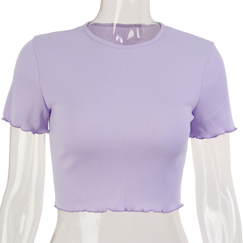 2021 High quality Women Knitted Solid Color Round Neck Crop Top Ribbed Short Sleeve Shirt Casual Summer Femme Tank Top