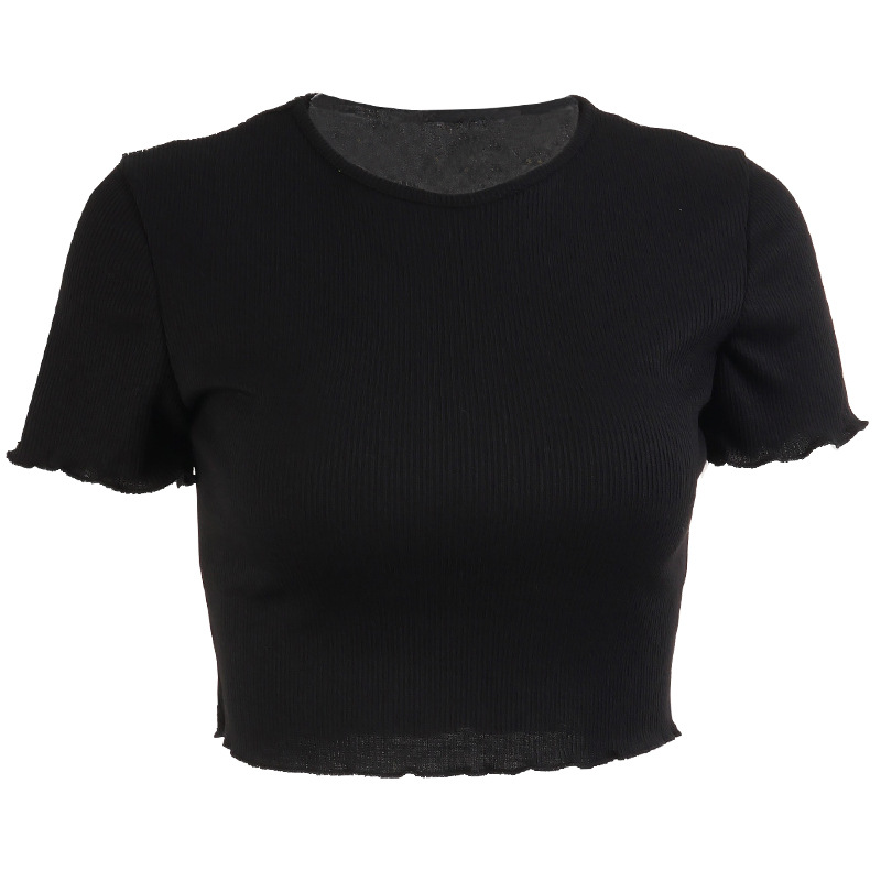 2021 High quality Women Knitted Solid Color Round Neck Crop Top Ribbed Short Sleeve Shirt Casual Summer Femme Tank Top