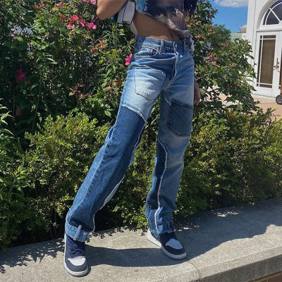 2021 High quality Patchwork Pockets Street Style Women Jeans High Waist Demin Pants Color Matching Long Trousers