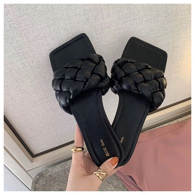 2021 High quality New Fashion Weave Women Square Toe Flat Casual Shoes Women Slide Flip Flops Beach Sandal