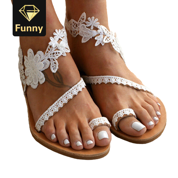2021 High quality sandals women summer lace white sandals Solid color open-toe lace flats sandals