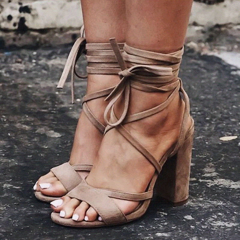2021 High quality Summer Sandals Women Open Toe Square Heel Pumps Brown Lace Up High Heels Women Sandals