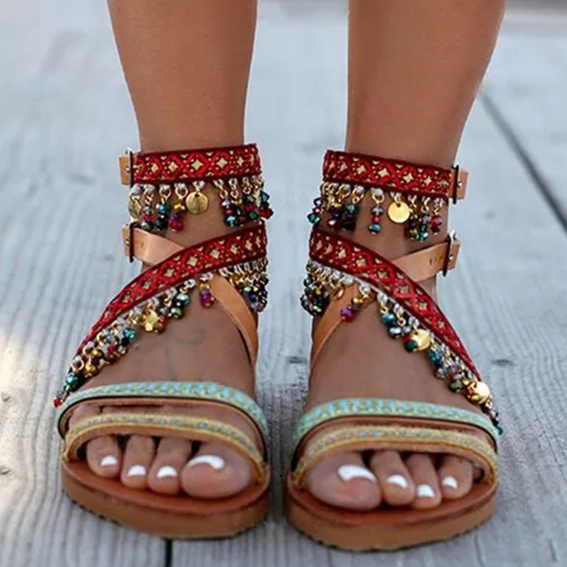 2021 High quality Retro summer women sandals comfortable flat ankle strap buckle women cross belt sandals