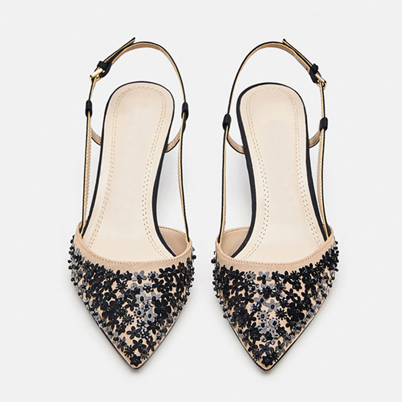 2021 High quality Black bling fine heel women sandals buckle pointed elegant women sandals for wedding/party/dress