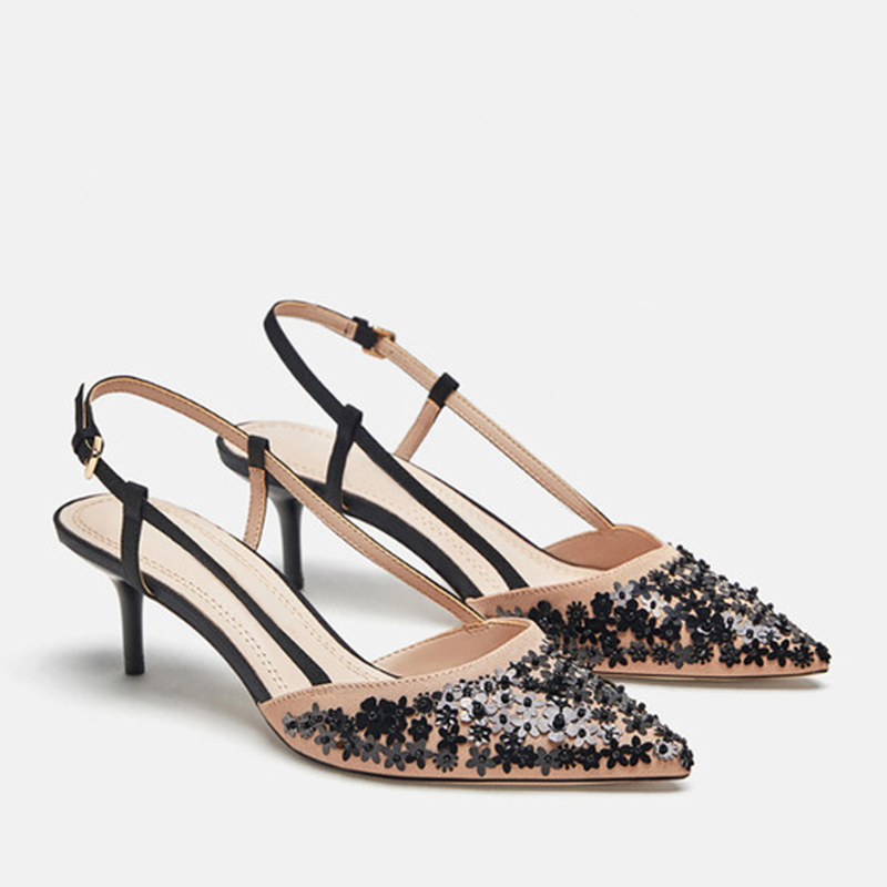 2021 High quality Black bling fine heel women sandals buckle pointed elegant women sandals for wedding/party/dress