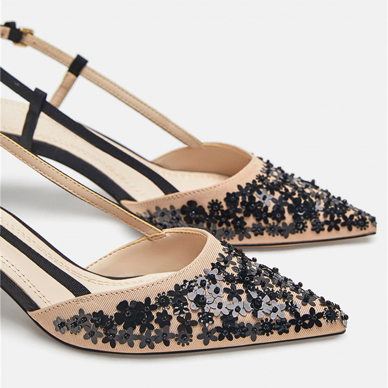 2021 High quality Black bling fine heel women sandals buckle pointed elegant women sandals for wedding/party/dress