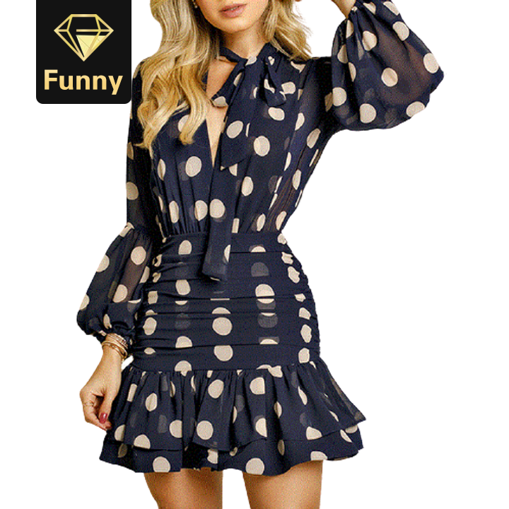 2021 High quality Women Long Sleeves Dot Print Ruffles Mesh Open Back Dress  Elegant Dress