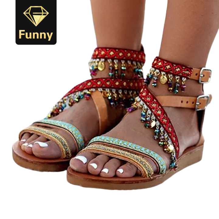 2021 High quality Retro summer women sandals comfortable flat ankle strap buckle women cross belt sandals