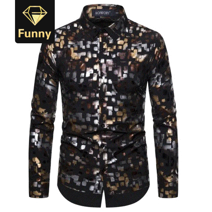 2021 High quality   Black Friday HOT Men's Shirts  Spring  Club Fashion Flash Gold Stretch Men's Long Sleeve Shirt