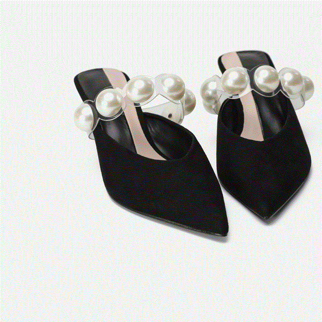 2021 High quality Imitation pearl inlay women sandals elegant black pointed fine heel women mules sandals