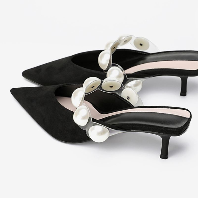 2021 High quality Imitation pearl inlay women sandals elegant black pointed fine heel women mules sandals