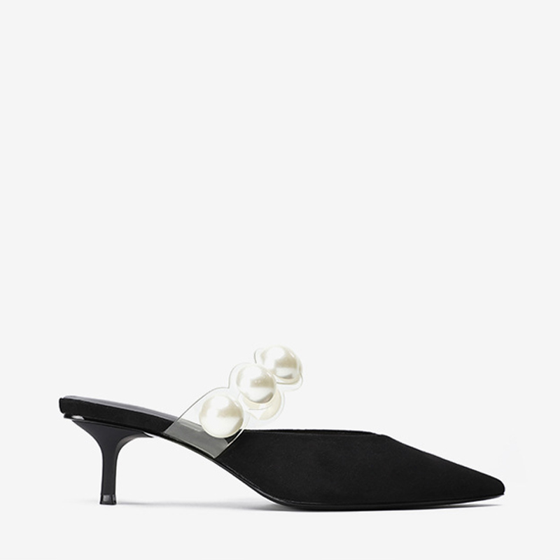 2021 High quality Imitation pearl inlay women sandals elegant black pointed fine heel women mules sandals