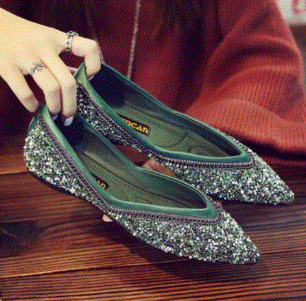 Silver glitter ballet flats women pointed toe metal chains mules shoes V open sequined women