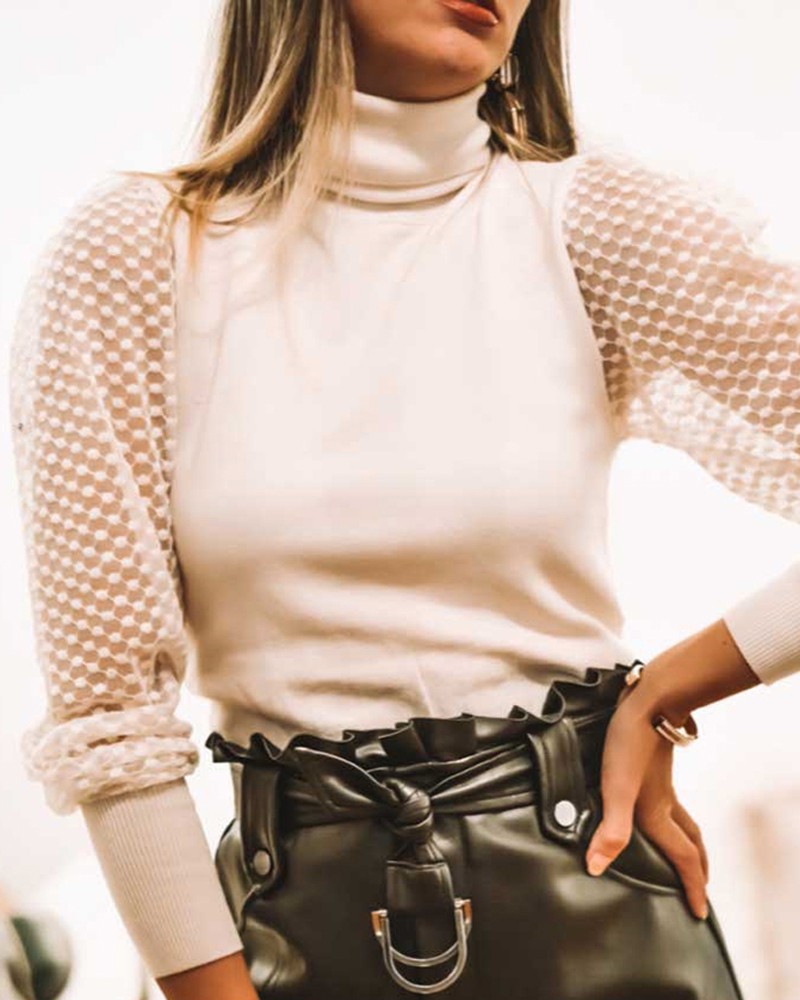 2021 High quality High Neck Long Sleeve Lace Insert Blouse Women Autumn Brief Casual Blouse Tops