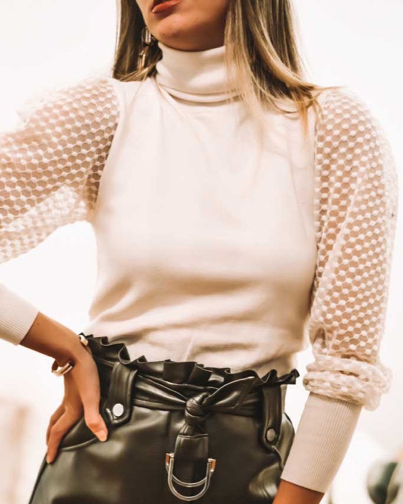 2021 High quality High Neck Long Sleeve Lace Insert Blouse Women Autumn Brief Casual Blouse Tops