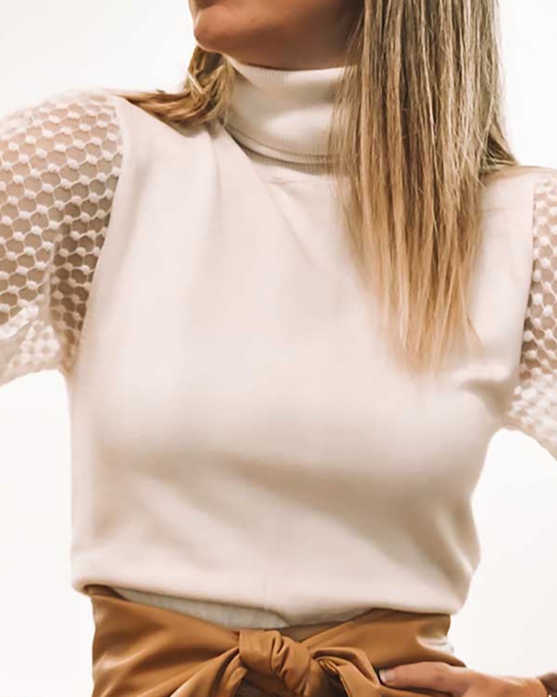 2021 High quality High Neck Long Sleeve Lace Insert Blouse Women Autumn Brief Casual Blouse Tops