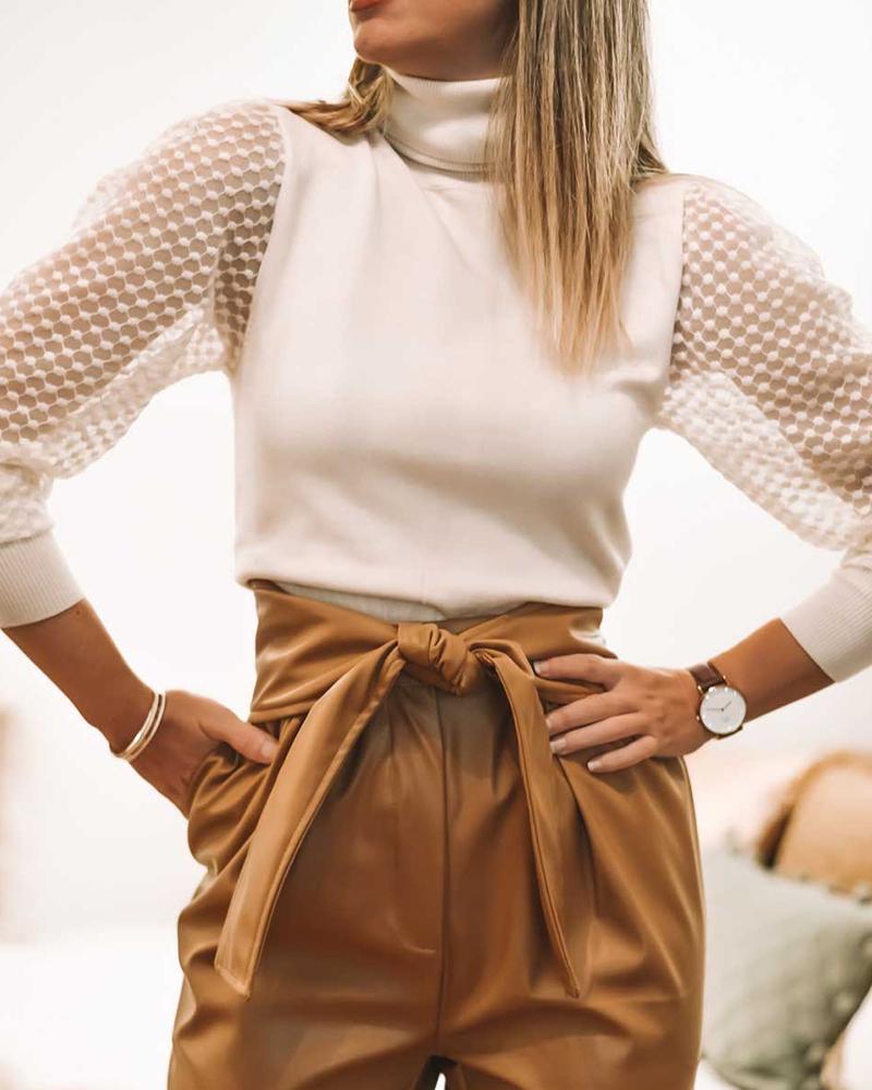 2021 High quality High Neck Long Sleeve Lace Insert Blouse Women Autumn Brief Casual Blouse Tops