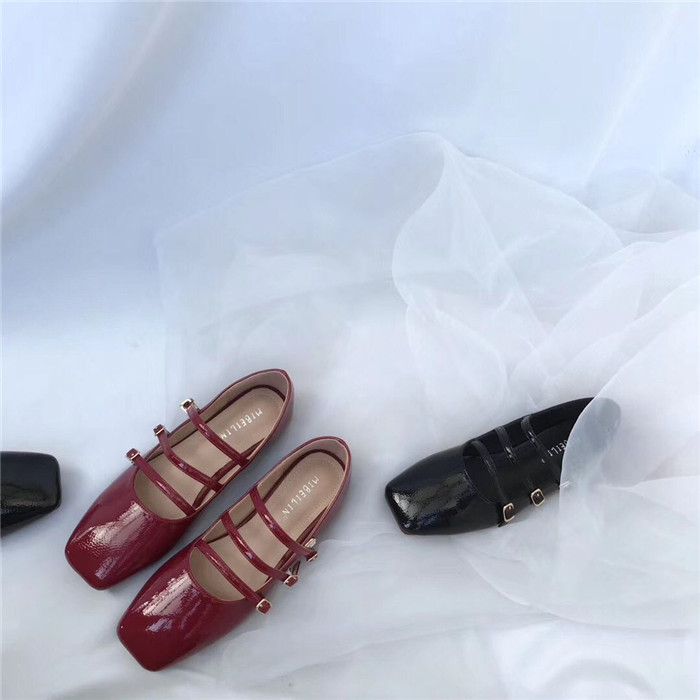 2021 High quality women flats buckle strap square toe ballet flats narrow band single flats