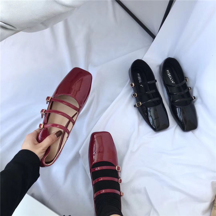 2021 High quality women flats buckle strap square toe ballet flats narrow band single flats