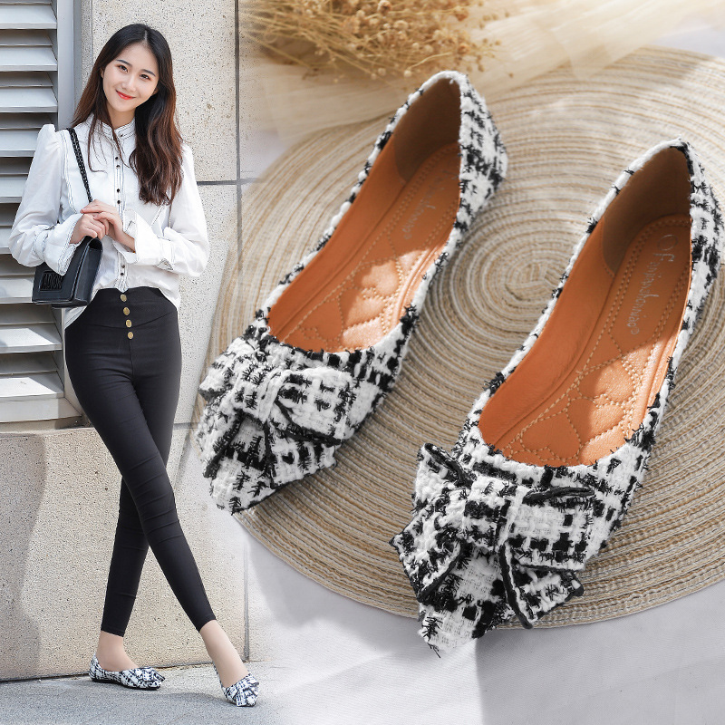 2021 High quality Women Bowknot Shoes Pointed Toe Cloth Fabric Ballerina Plaid Shoes Ladies Comfortable Flat