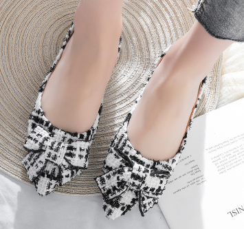 2021 High quality Women Bowknot Shoes Pointed Toe Cloth Fabric Ballerina Plaid Shoes Ladies Comfortable Flat