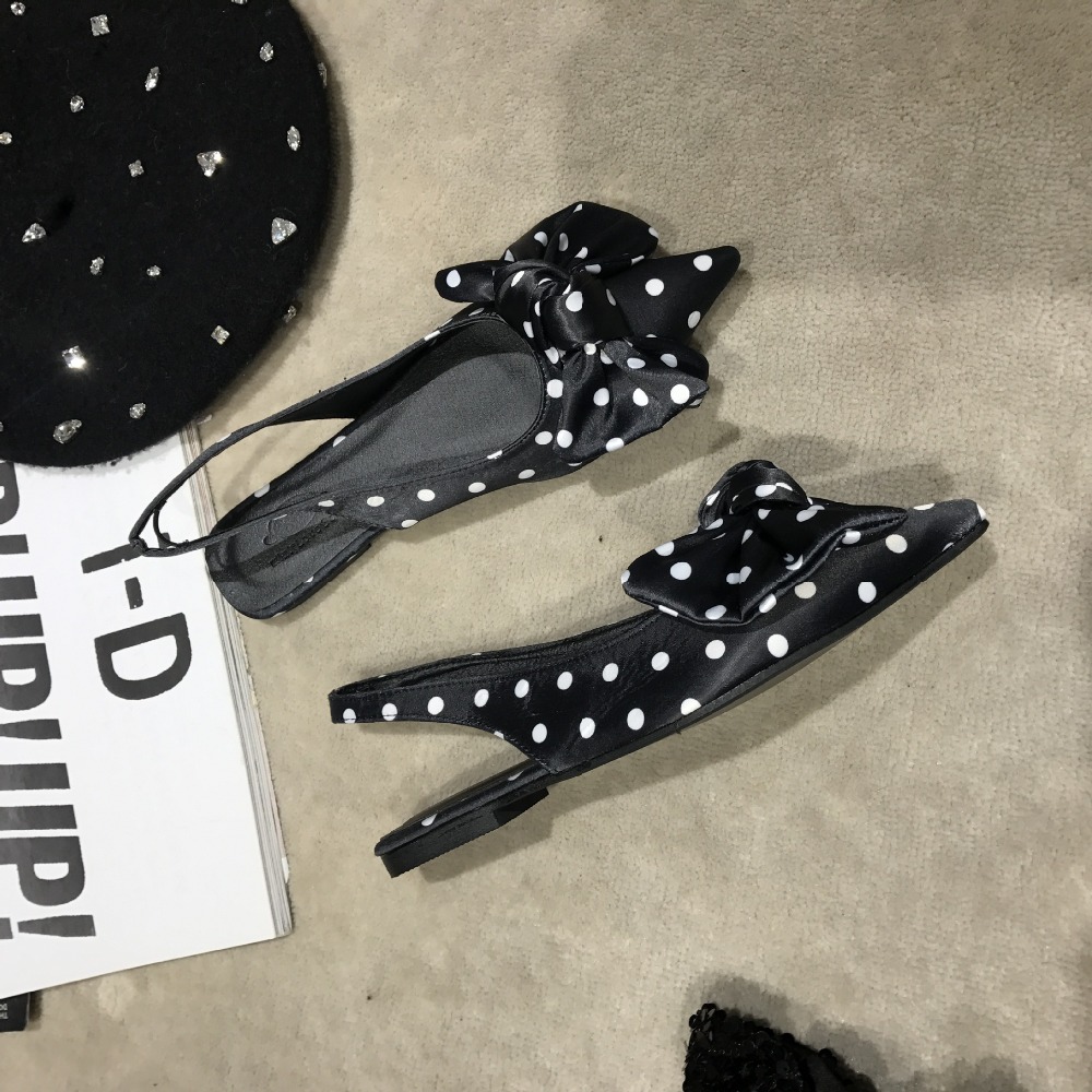 2021 High quality Women Polka dots pointed toe mules sandals women slingback bow-knot flat sandalias