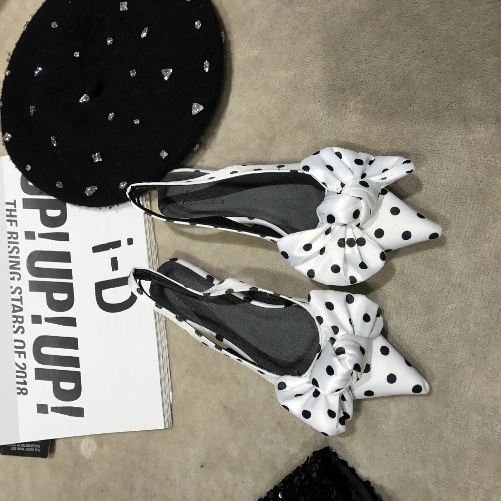 2021 High quality Women Polka dots pointed toe mules sandals women slingback bow-knot flat sandalias
