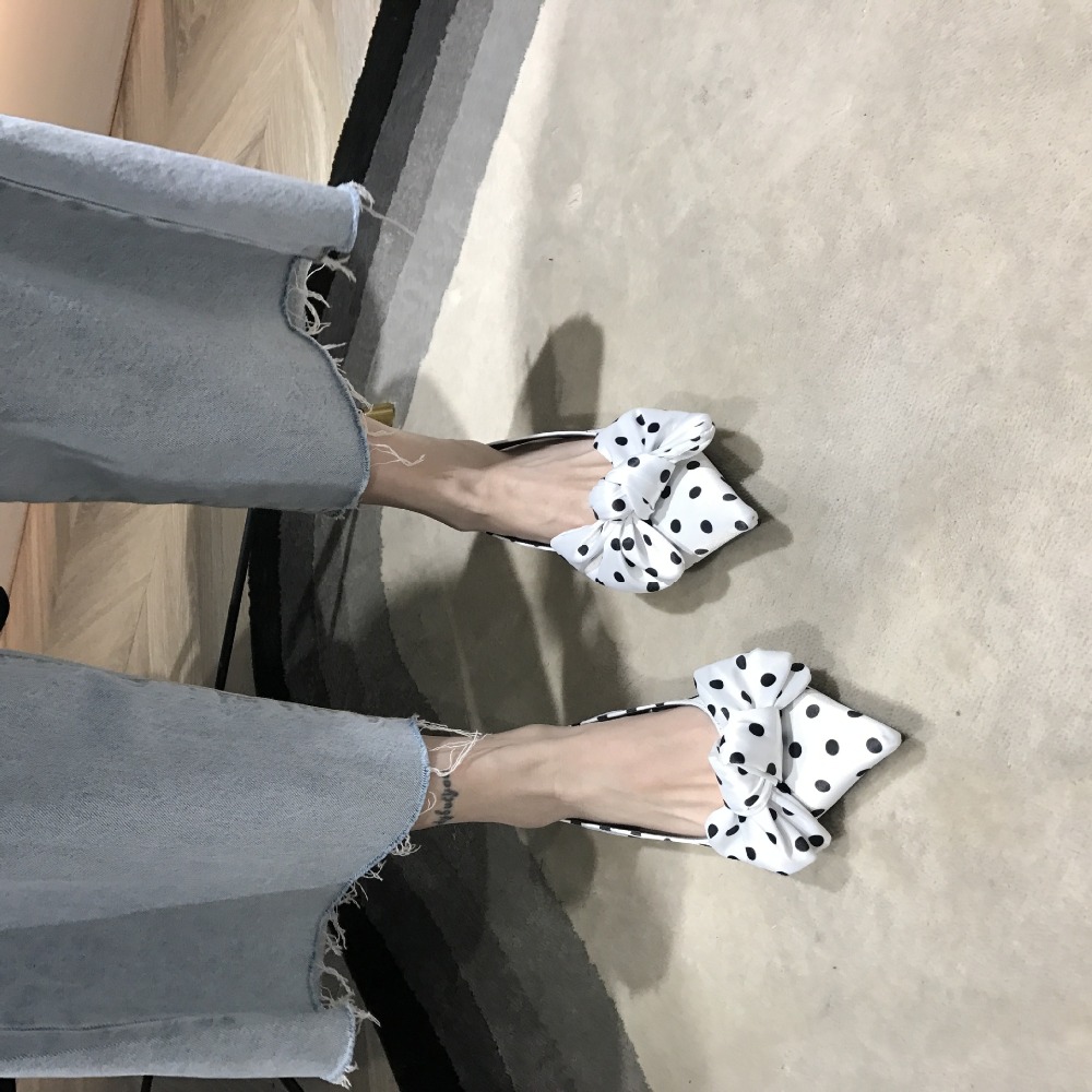 2021 High quality Women Polka dots pointed toe mules sandals women slingback bow-knot flat sandalias