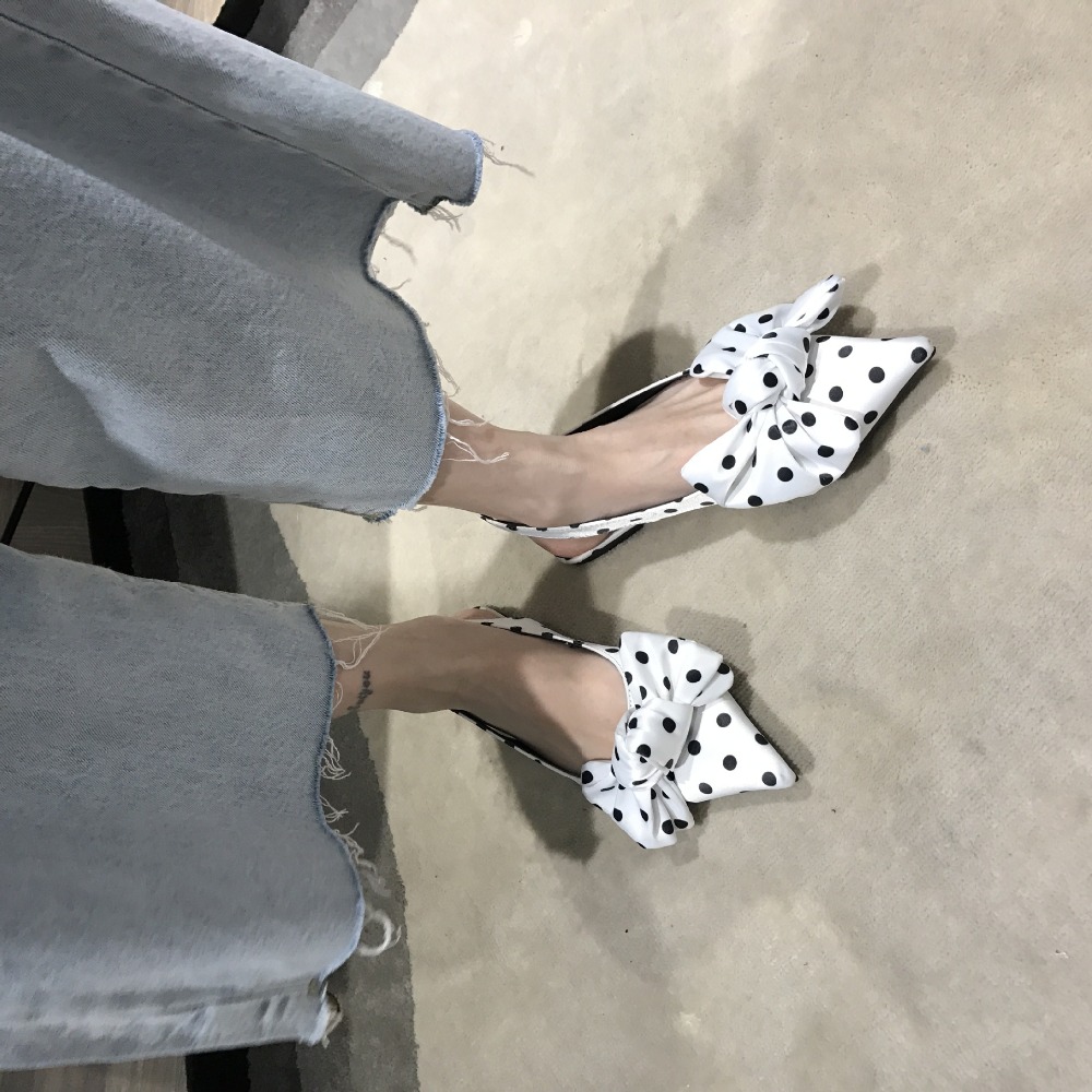 2021 High quality Women Polka dots pointed toe mules sandals women slingback bow-knot flat sandalias