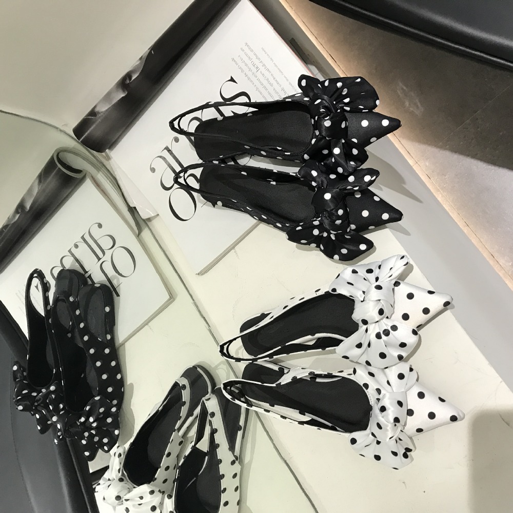 2021 High quality Women Polka dots pointed toe mules sandals women slingback bow-knot flat sandalias
