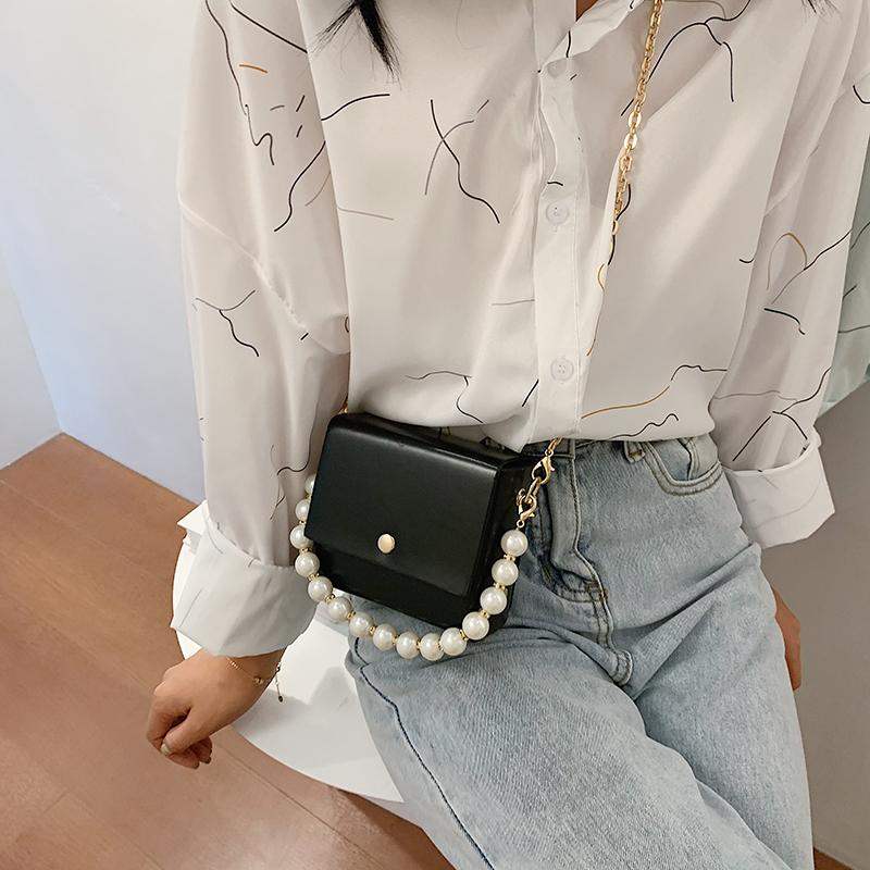 2021 High quality Mini solid color soft PU Leather pearl Chain Crossbody Bags Women  High quality  women handbags
