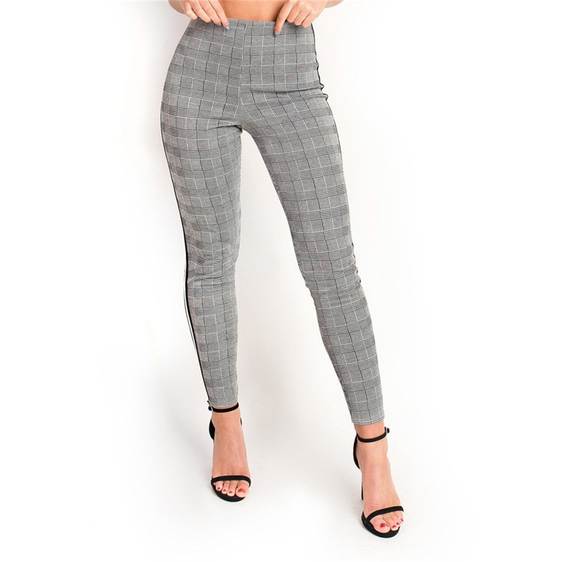 2021 High quality Elastic Stretchy Side Stripe Plaid Pencil Pants Women Casual Elegant Trousers
